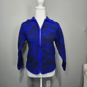 Lisa International Blue & Black 100% Boiled Wool Full Zip Sz Medium Horse Design